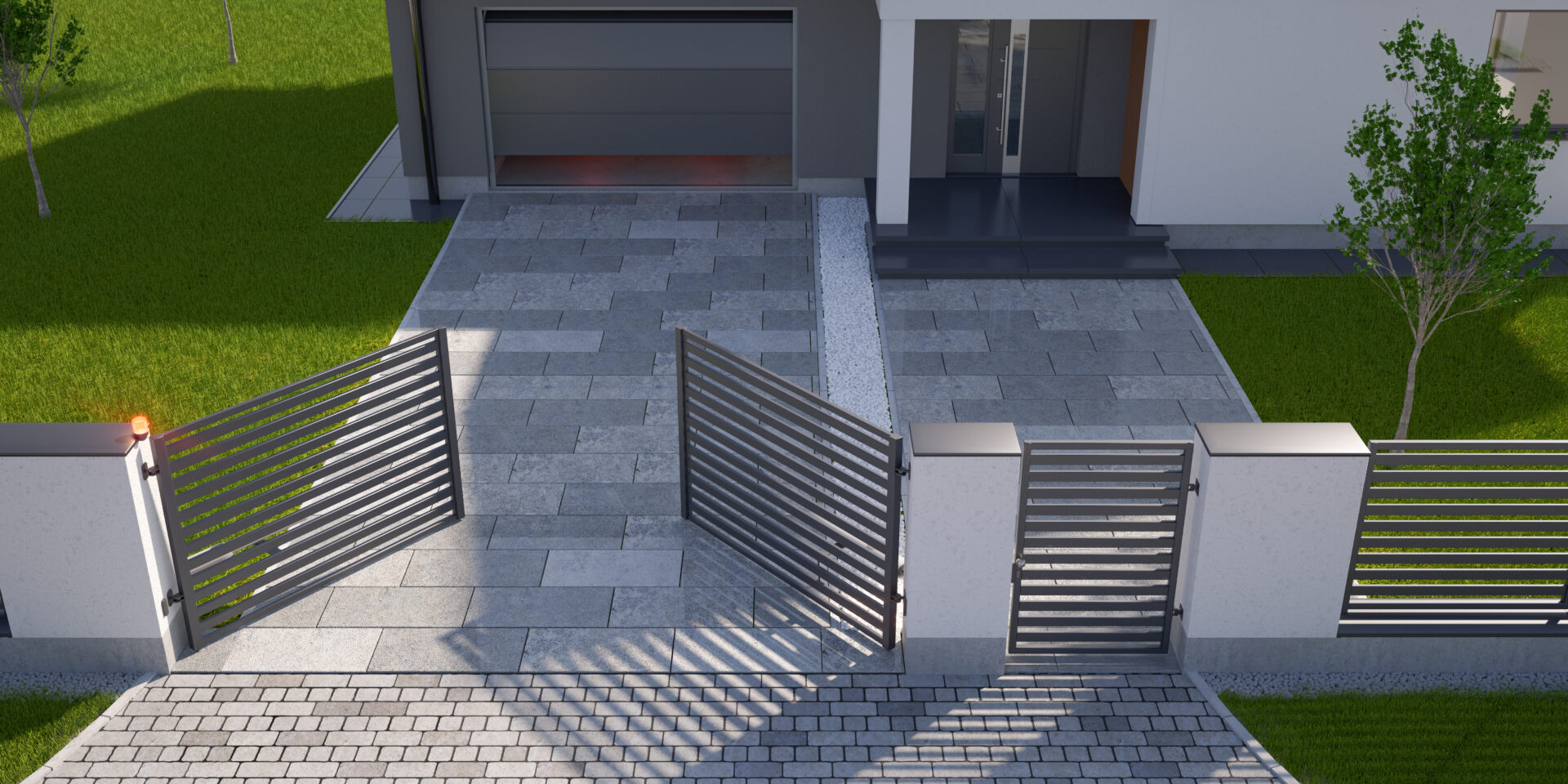 Automatic,Gate,,Fence,,Driveway,And,House,With,Garage.,,3d,Illustration